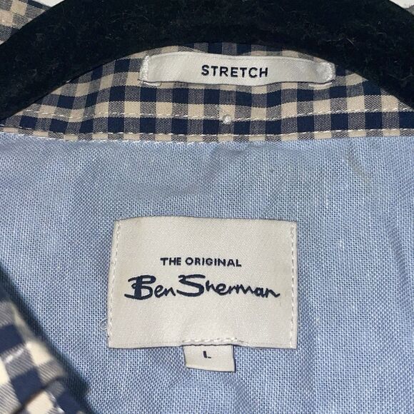 Ben Sherman Shirt Mens Large Blue Cream Check Casual Button Up Long Sleeve - Picture 3 of 9